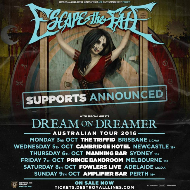 Escape The Fate Dream On Dreamer + Locals On Australian Tour